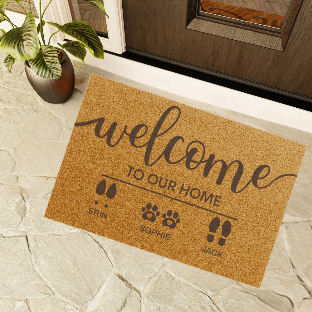 Welcome To Our Home Custom Family & Pet Mat | Custom Names Doormat | Pet Lover Gift | Housewarming Gift | New Home Gift