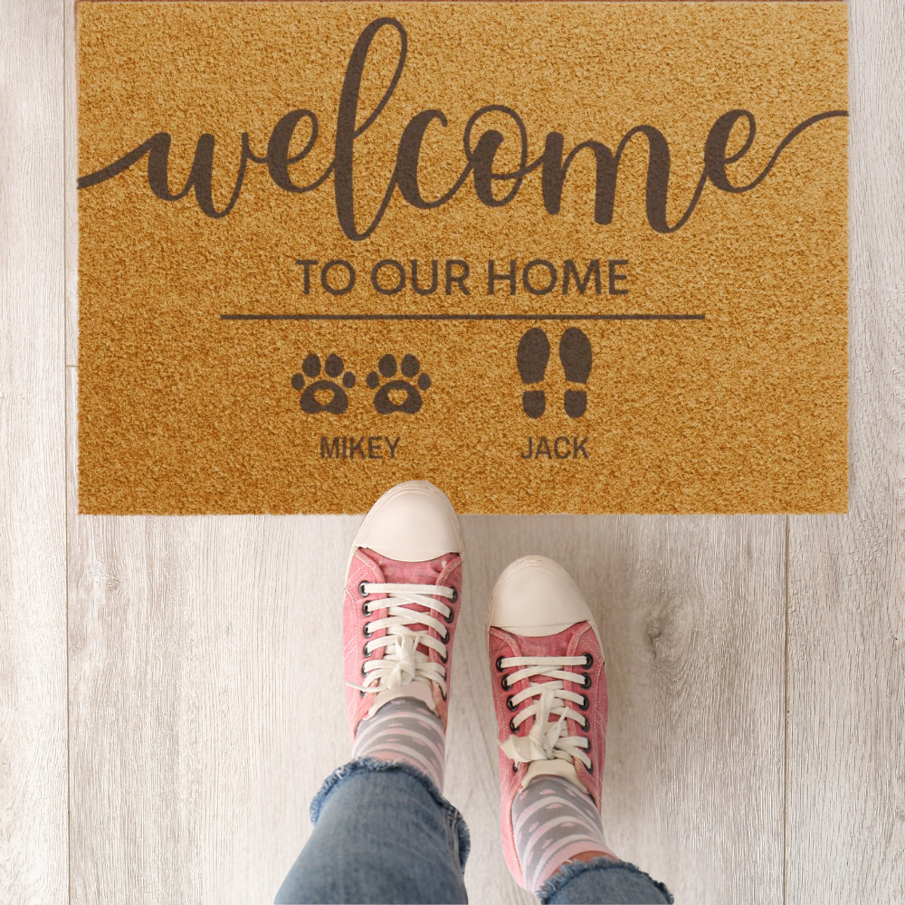 Welcome To Our Home Custom Family  & Pet Mat | Custom Names Doormat | Pet Lover Gift | Housewarming Gift | New Home Gift