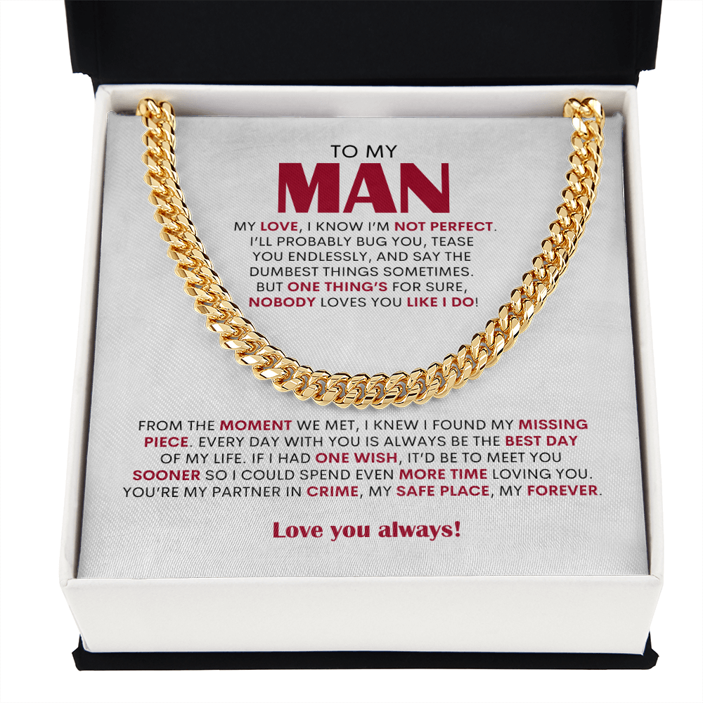 To My Man Cuban Link Chain Necklace, Personalized Gift for Husband Boyfriend, Romantic Anniversary Present
