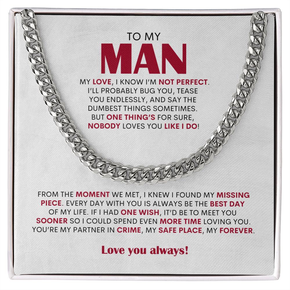 To My Man Cuban Link Chain Necklace, Personalized Gift for Husband Boyfriend, Romantic Anniversary Present