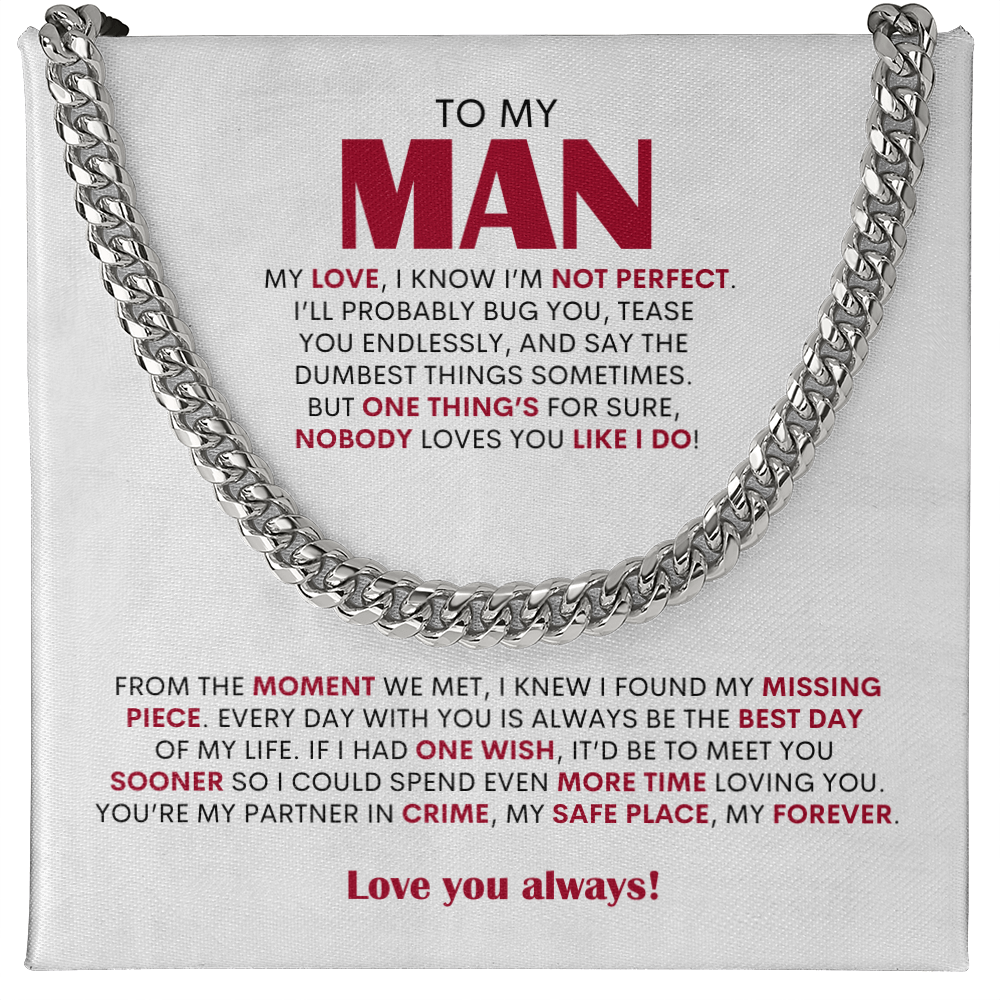 To My Man Cuban Link Chain Necklace, Personalized Gift for Husband Boyfriend, Romantic Anniversary Present