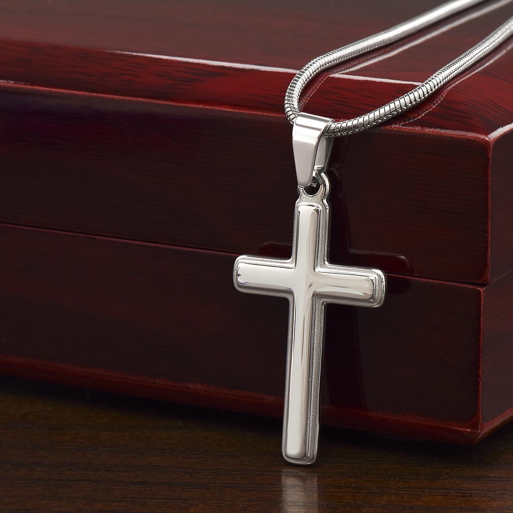 Stepped Up Dad Cross Necklace, Bonus Dad Gift from Stepdaughter, Stepfather Birthday Present, Personalized Message Card Jewelry for Stepdad
